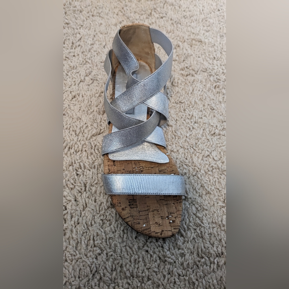 Manolo Blahnik Leoni Metallic Elastic Cork Sandal, Silver